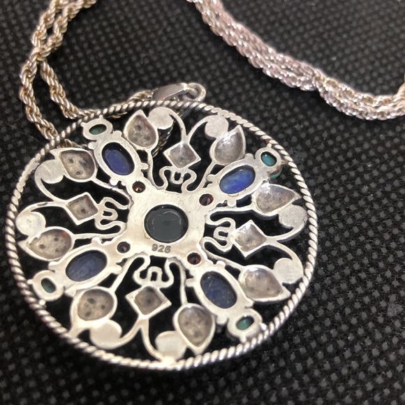 Sterling Silver Turquoise Garnet Onyx Lapis Marcasite Pendant and Rope Necklace - Picture 5 of 13